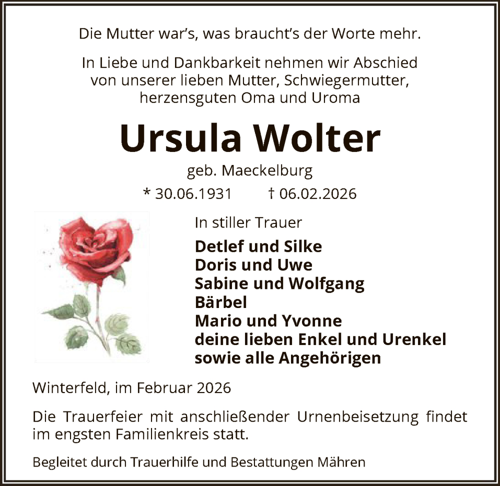  Traueranzeige für Ursula Wolter vom 11.02.2026 aus AMZ