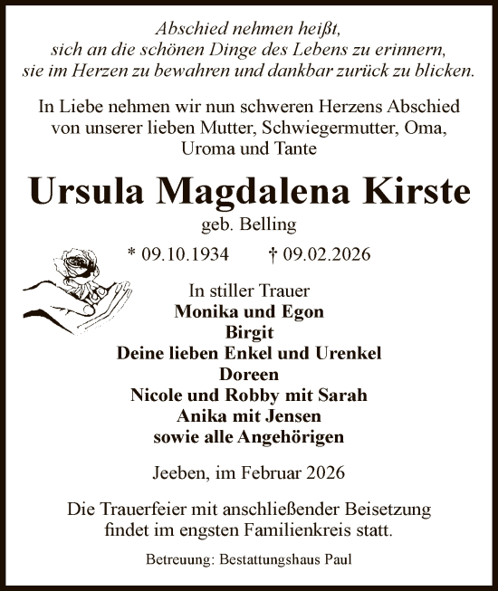 Traueranzeige von Ursula Magdalena Kirste von AMZ