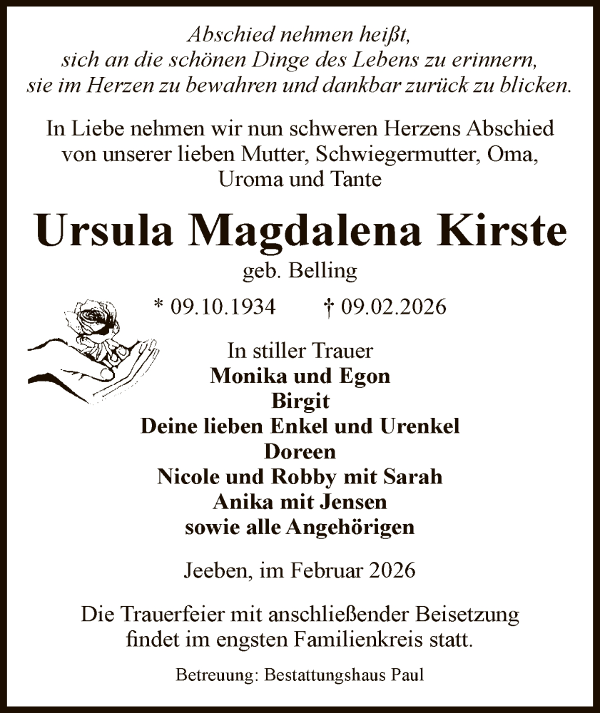  Traueranzeige für Ursula Magdalena Kirste vom 12.02.2026 aus AMZ
