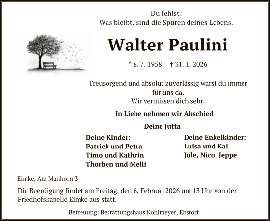 Traueranzeige von Walter Paulini von AZ