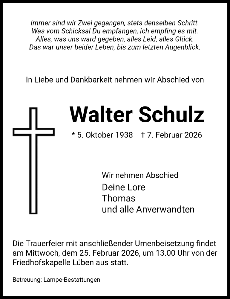  Traueranzeige für Walter Schulz vom 14.02.2026 aus IK