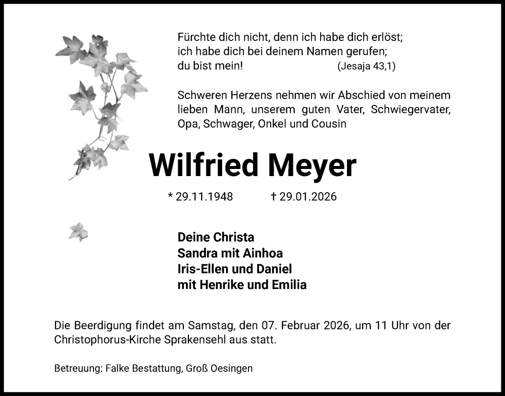  Traueranzeige für Wilfried Meyer vom 03.02.2026 aus IK